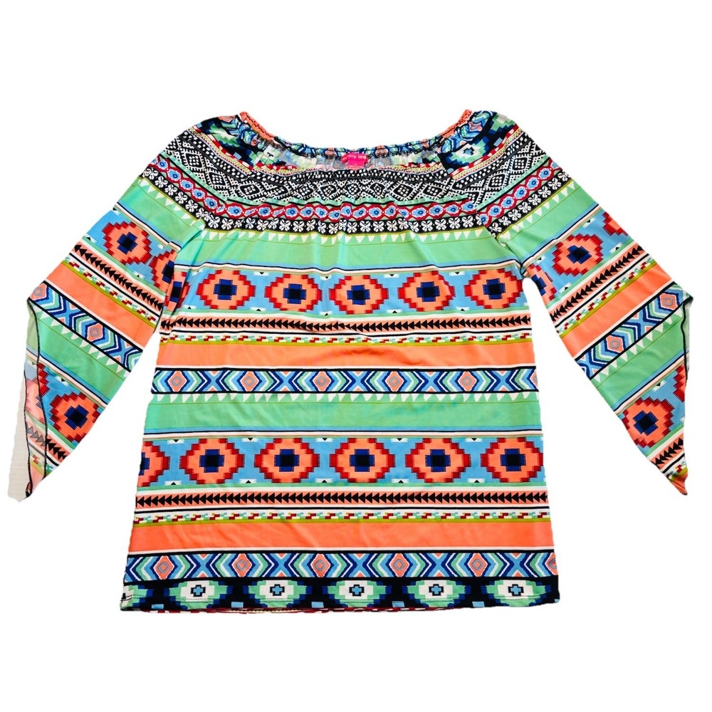 Sunny Leigh Women's Large Aztec Tribal Print Stretch Long Sleeve Tunic Top